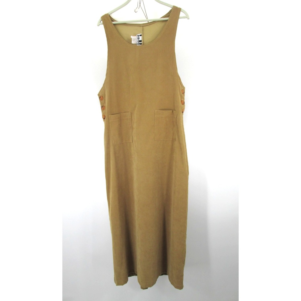 POSSESSED Maxi Smock Dress Women M Beige Faux Suede Front Pockets Lagenlook VTG